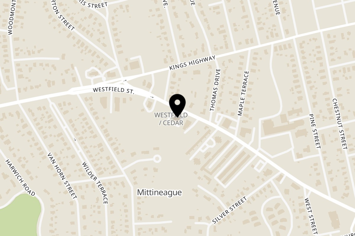 Map showing the location of Classic Burgers on 1261 Westfield St in West Springfield